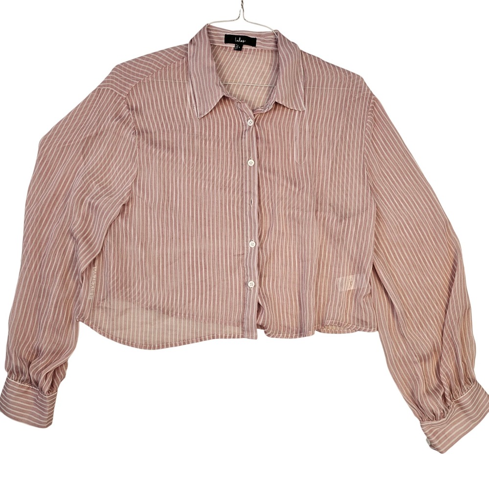 Lulus Pink White Striped Sheer Cropped Button Up Blouse Womens Large